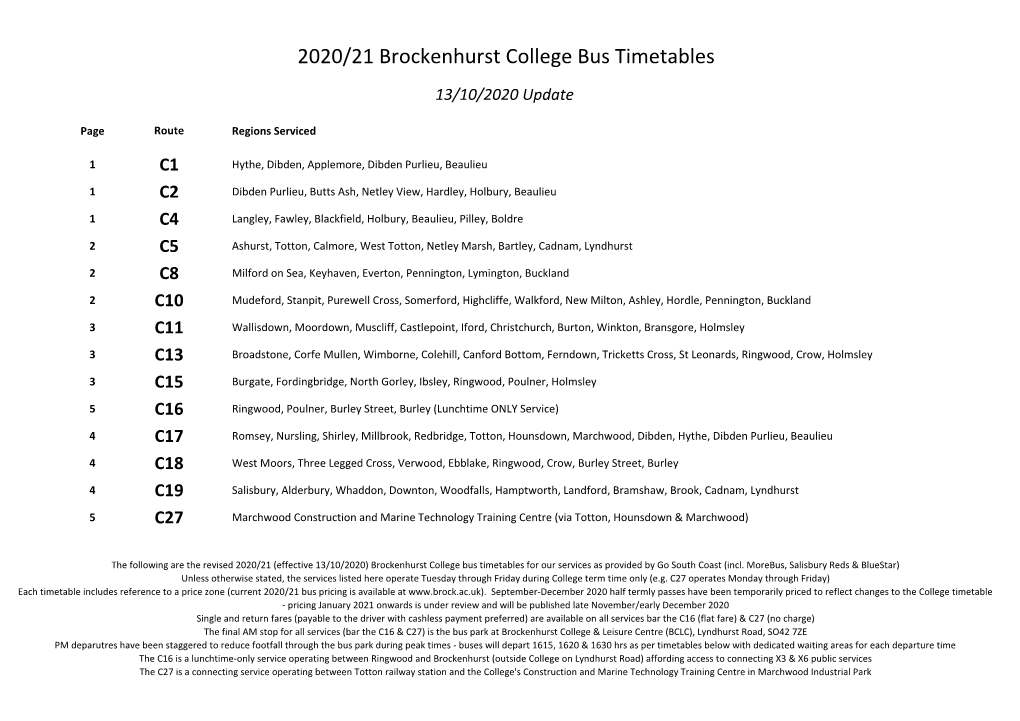 2020/21 Brockenhurst College Bus Timetables