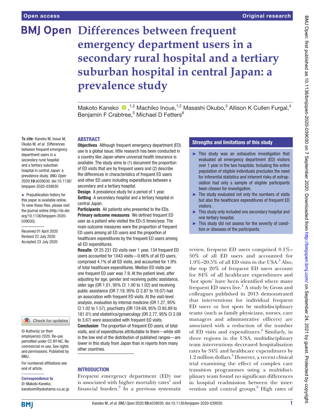 Differences Between Frequent Emergency Department Users in a Secondary Rural Hospital and a Tertiary Suburban Hospital in Central Japan: a Prevalence Study
