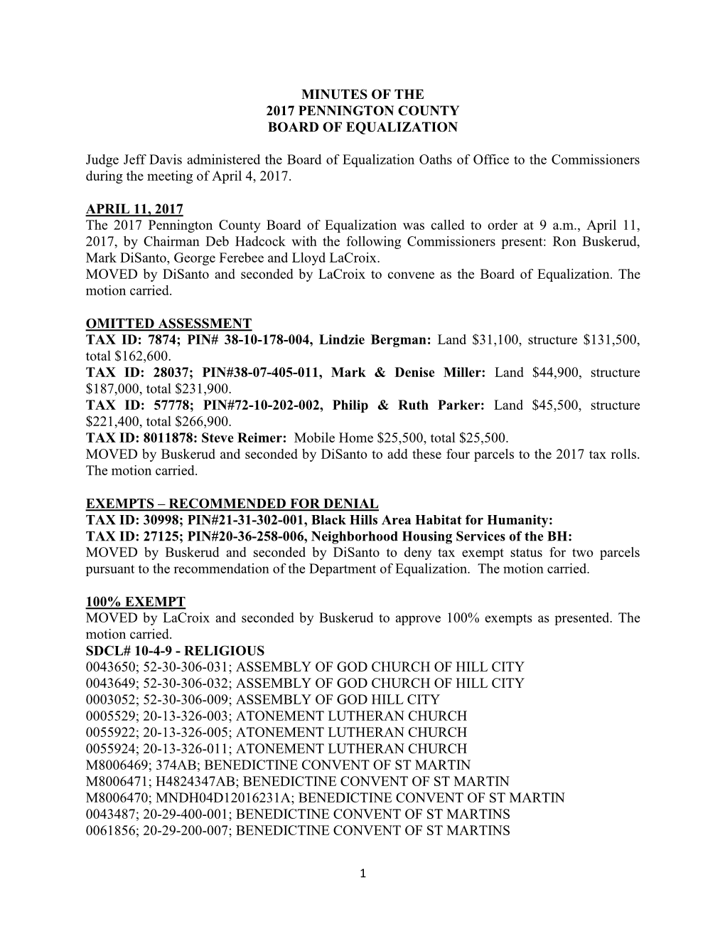 Minutes of the 2017 Pennington County Board of Equalization