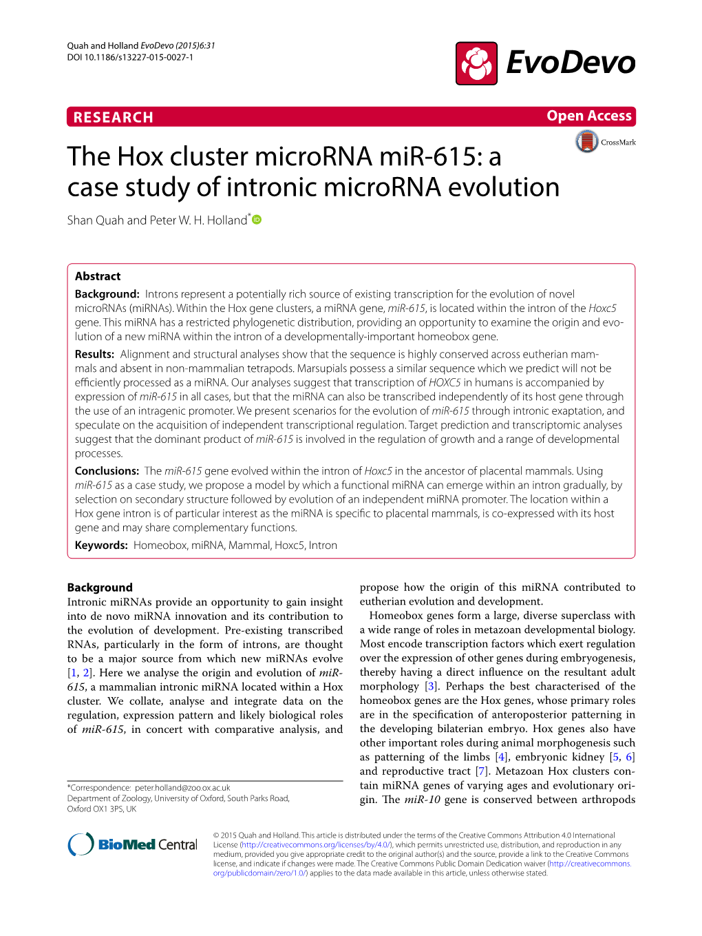 The Hox Cluster Microrna Mir-615