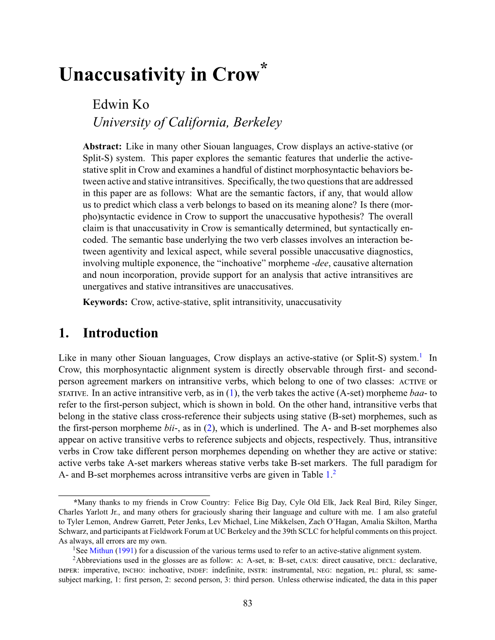 Unaccusativity in Crow* Edwin Ko University of California, Berkeley