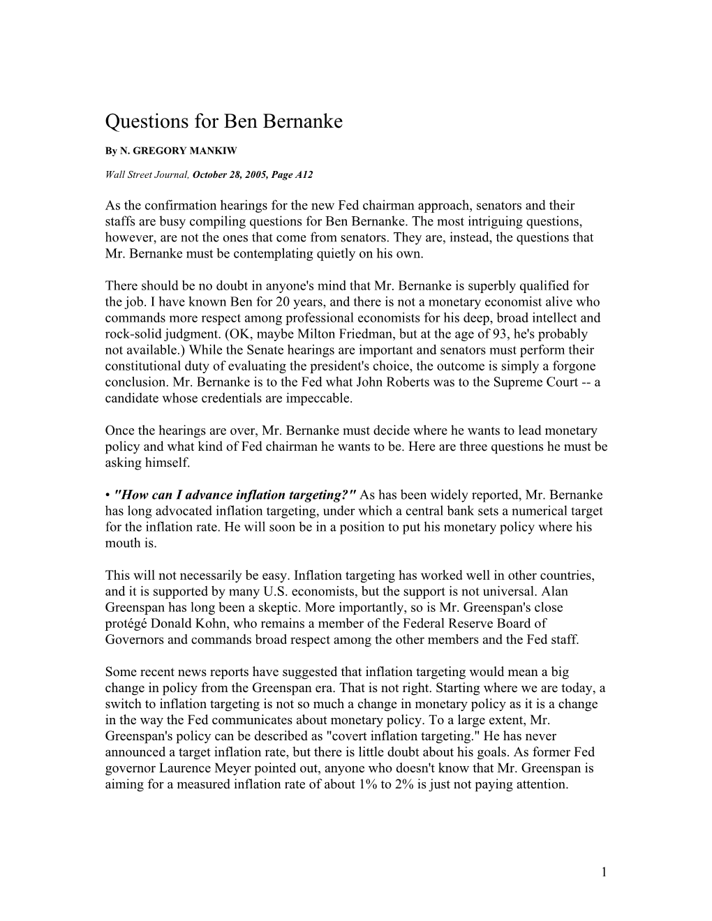 Questions for Ben Bernanke