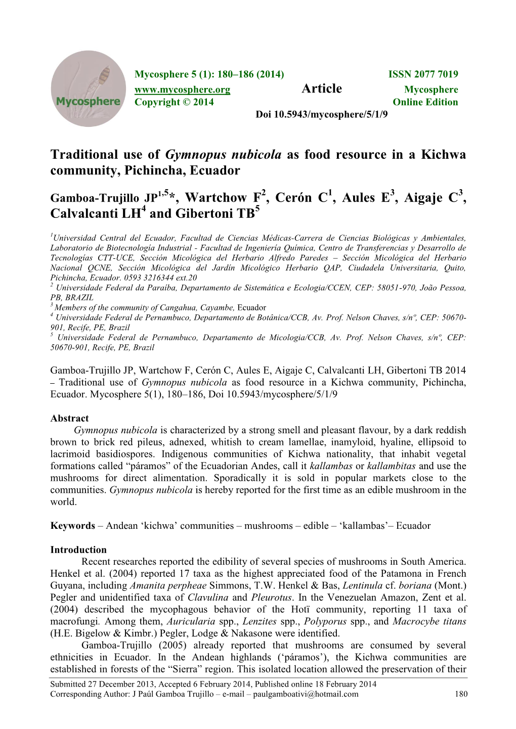 Traditional Use of Gymnopus Nubicola As Food Resource in a Kichwa Community, Pichincha, Ecuador