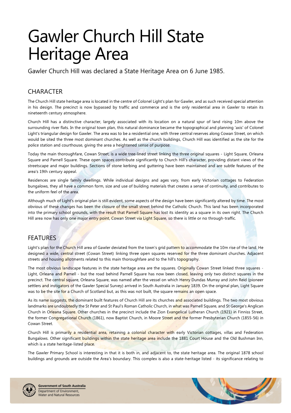 Gawler Church Hill State Heritage Area Gawler Church Hill Was Declared a State Heritage Area on 6 June 1985
