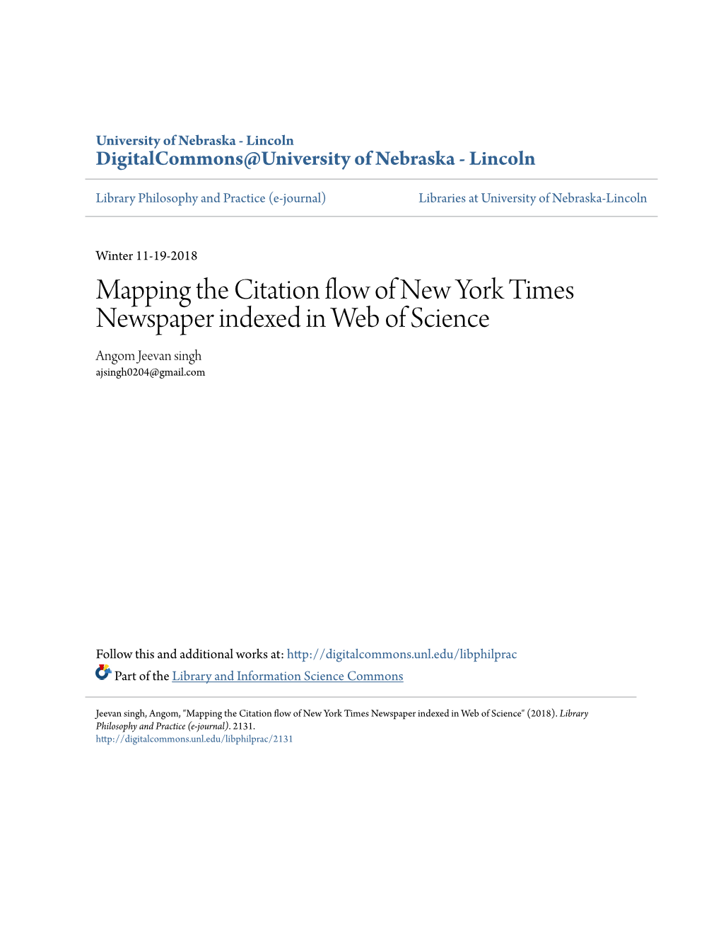 Mapping the Citation Flow of New York Times Newspaper Indexed in Web of Science Angom Jeevan Singh Ajsingh0204@Gmail.Com