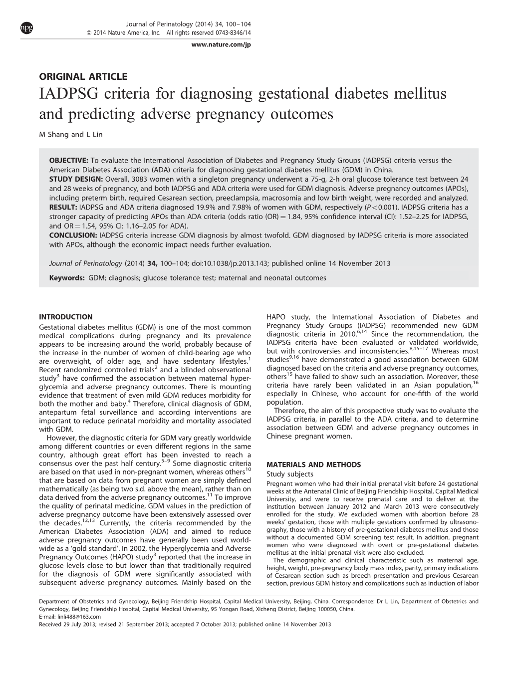 IADPSG Criteria for Diagnosing Gestational Diabetes Mellitus and Predicting Adverse Pregnancy Outcomes