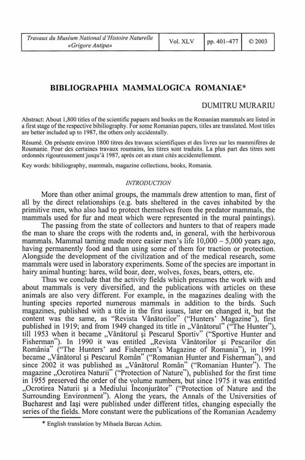 Bibliographia Mammalogica Romaniae*