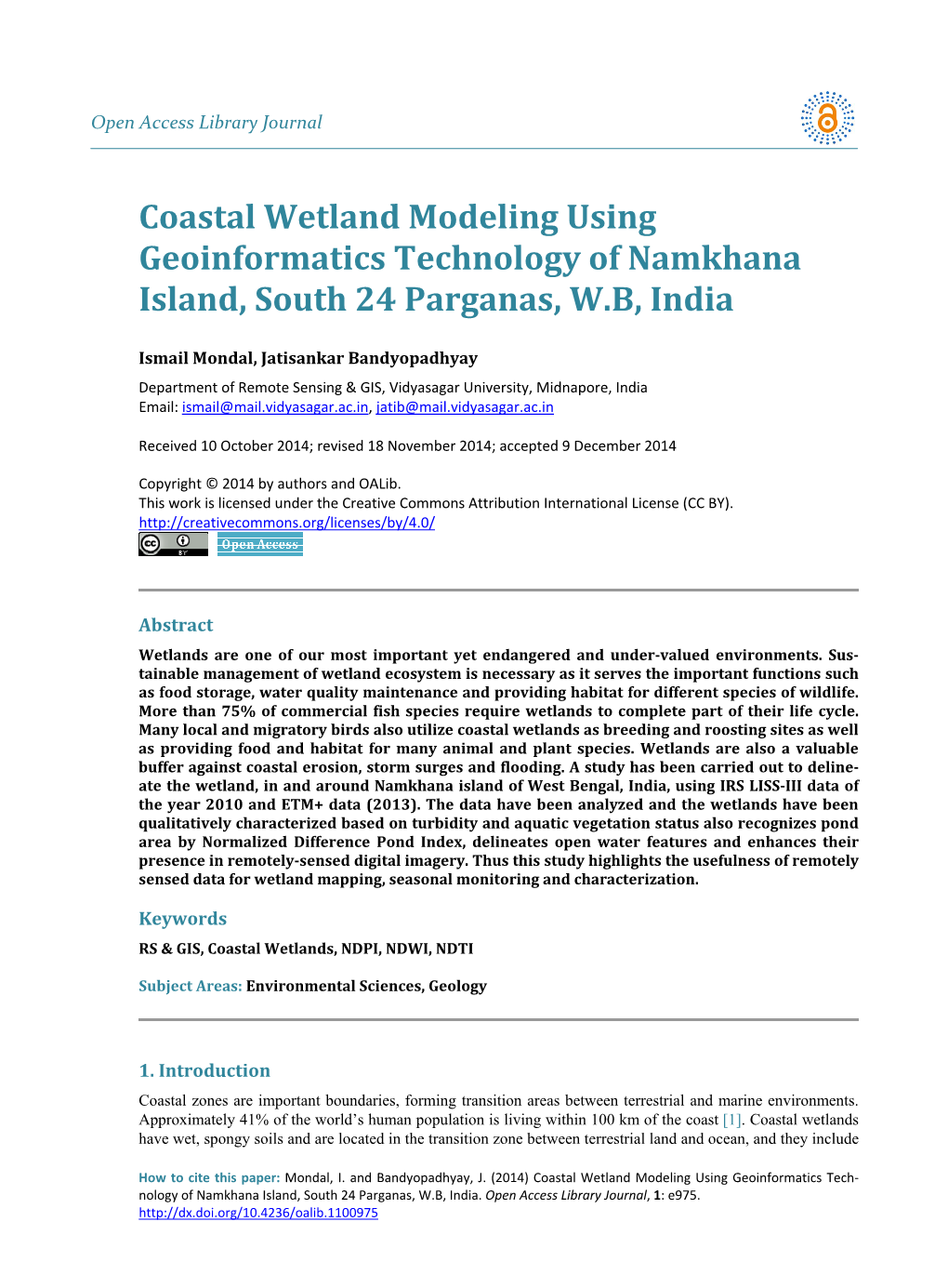 Coastal Wetland Modeling Using Geoinformatics Technology of Namkhana Island, South 24 Parganas, W.B, India