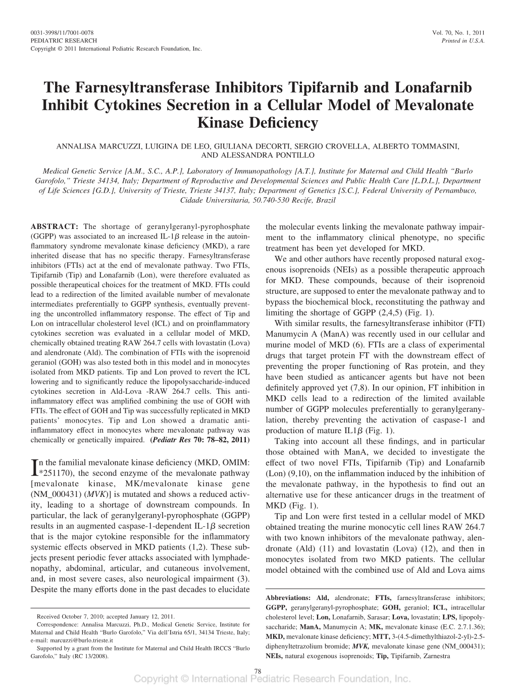 The Farnesyltransferase Inhibitors Tipifarnib and Lonafarnib Inhibit Cytokines Secretion in a Cellular Model of Mevalonate Kinase Deﬁciency