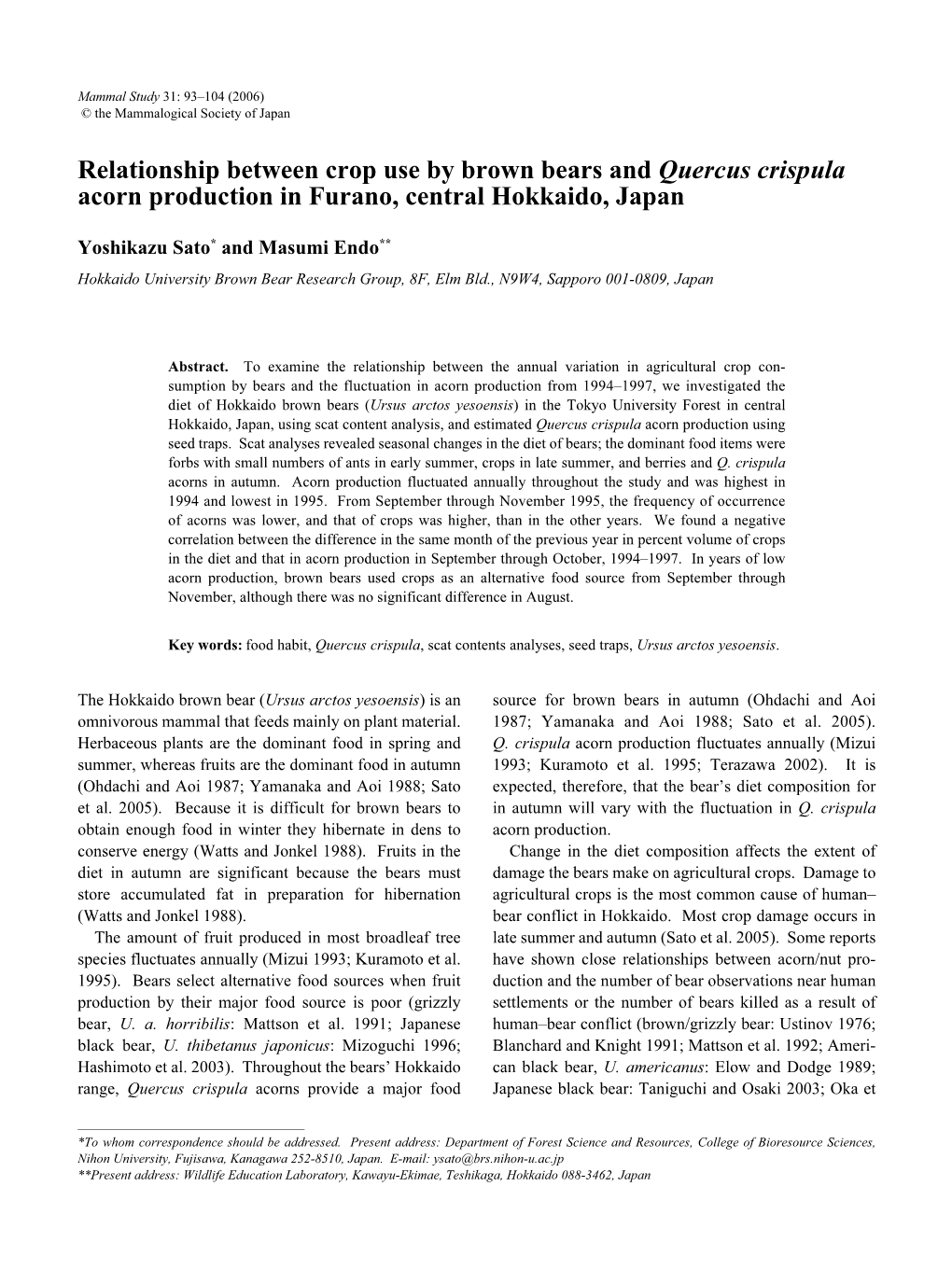 Relationship Between Crop Use by Brown Bears and Quercus Crispula Acorn Production in Furano, Central Hokkaido, Japan