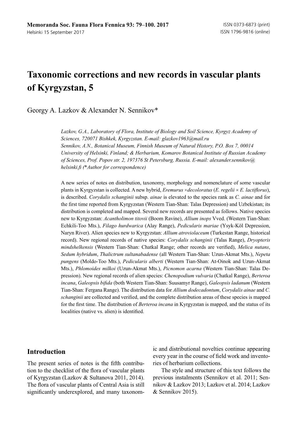 Taxonomic Corrections and New Records in Vascular Plants of Kyrgyzstan, 5