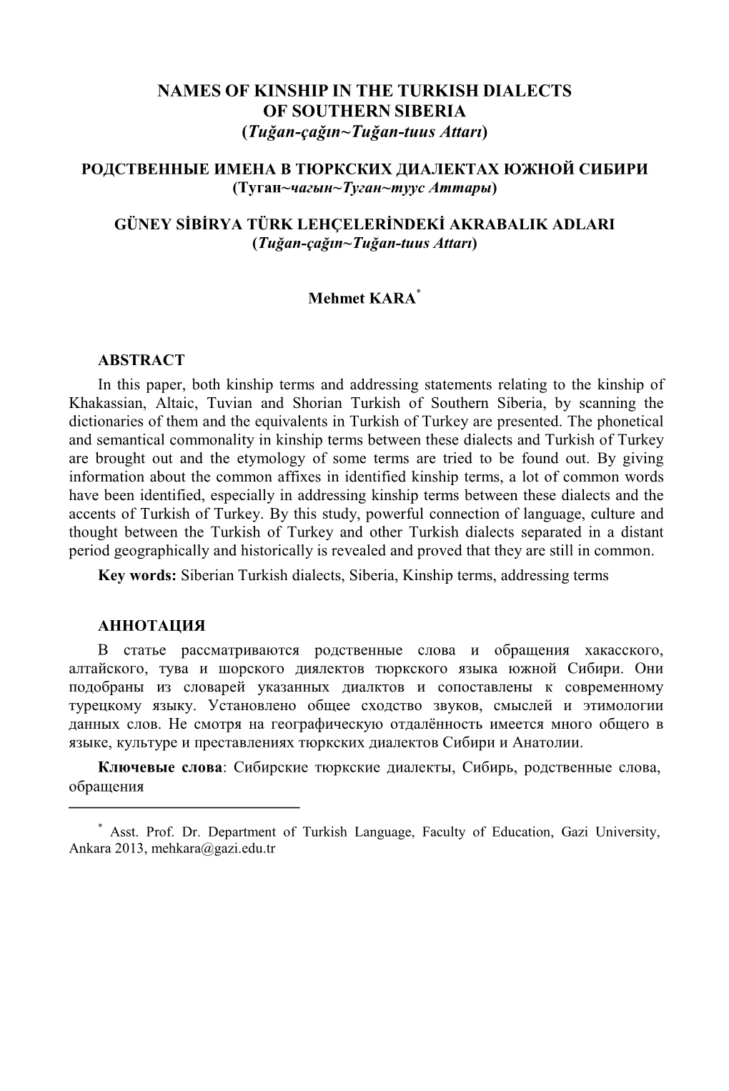 NAMES of KINSHIP in the TURKISH DIALECTS of SOUTHERN SIBERIA (Tuğan-Çağın~Tuğan-Tuus Attarı)