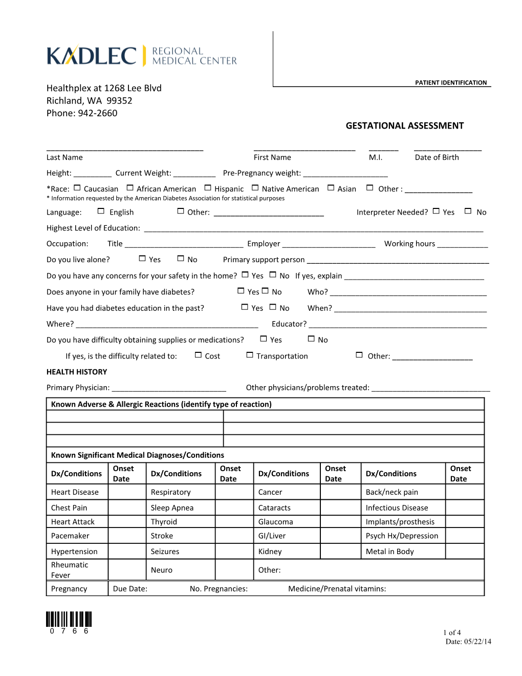 Kadlec Imaging Oncology History Form