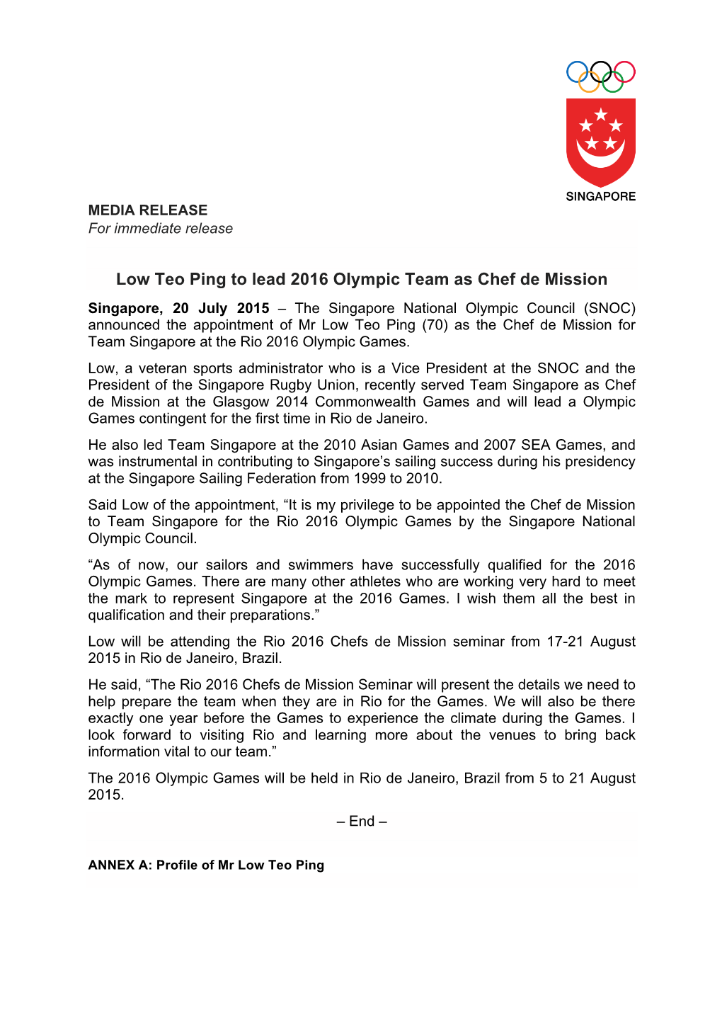 Media Release Low Teo Ping to Lead Rio 2016 Team As CDM Final