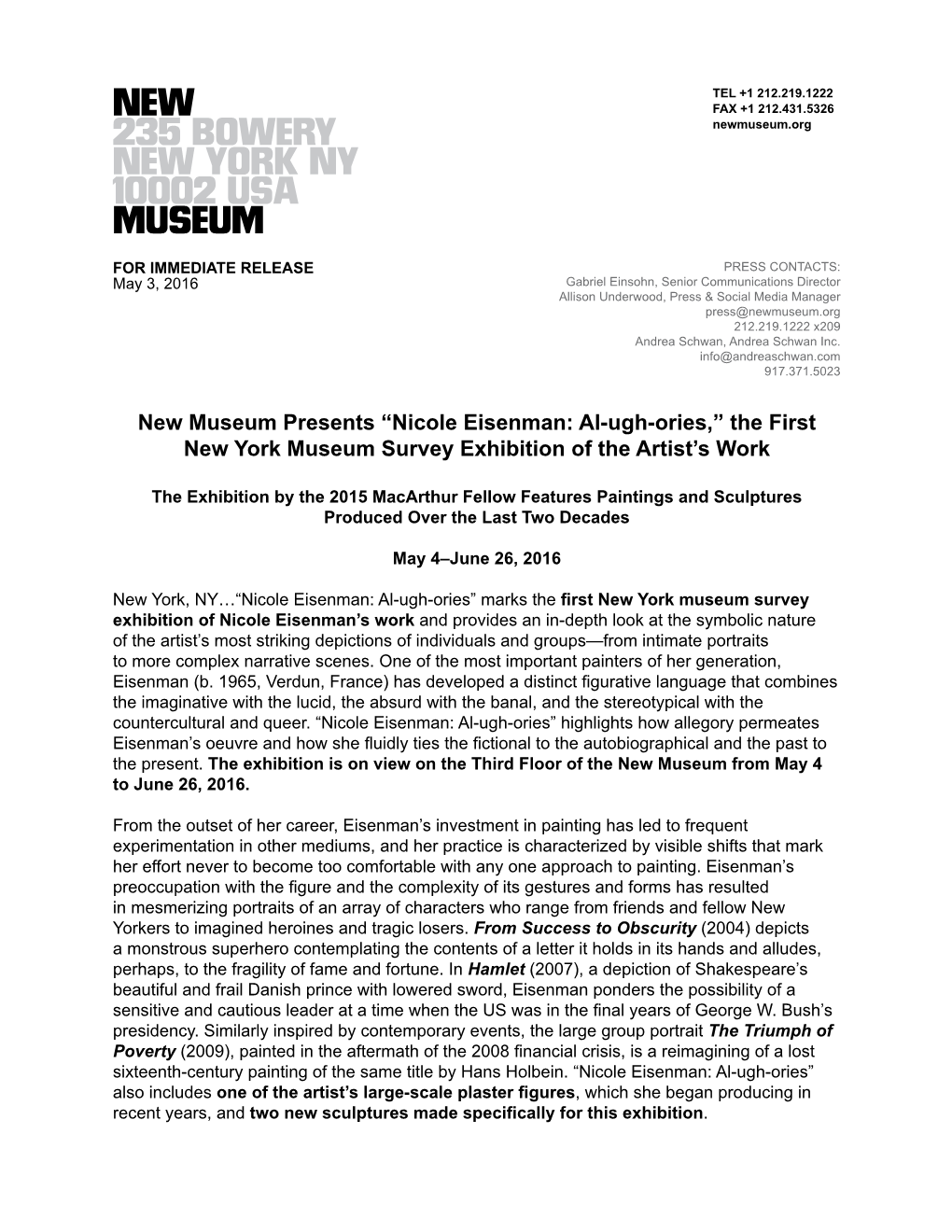 New Museum Presents “Nicole Eisenman: Al-Ugh-Ories,” the First New York Museum Survey Exhibition of the Artist’S Work