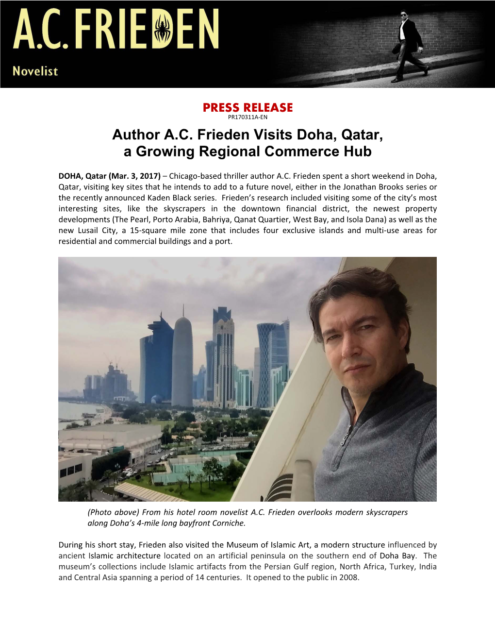 Author A.C. Frieden Visits Doha, Qatar, a Growing Regional Commerce Hub
