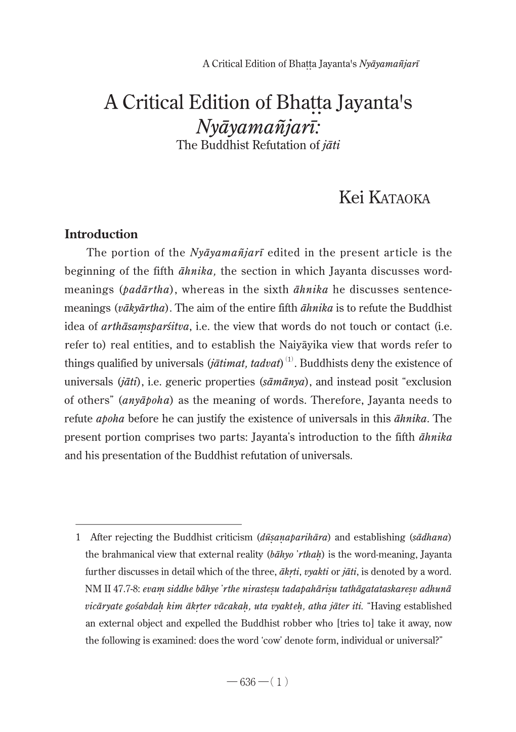 A Critical Edition of Bhaṭṭa Jayanta's Nyāyamañjarī: the Buddhist Refutation of Jāti