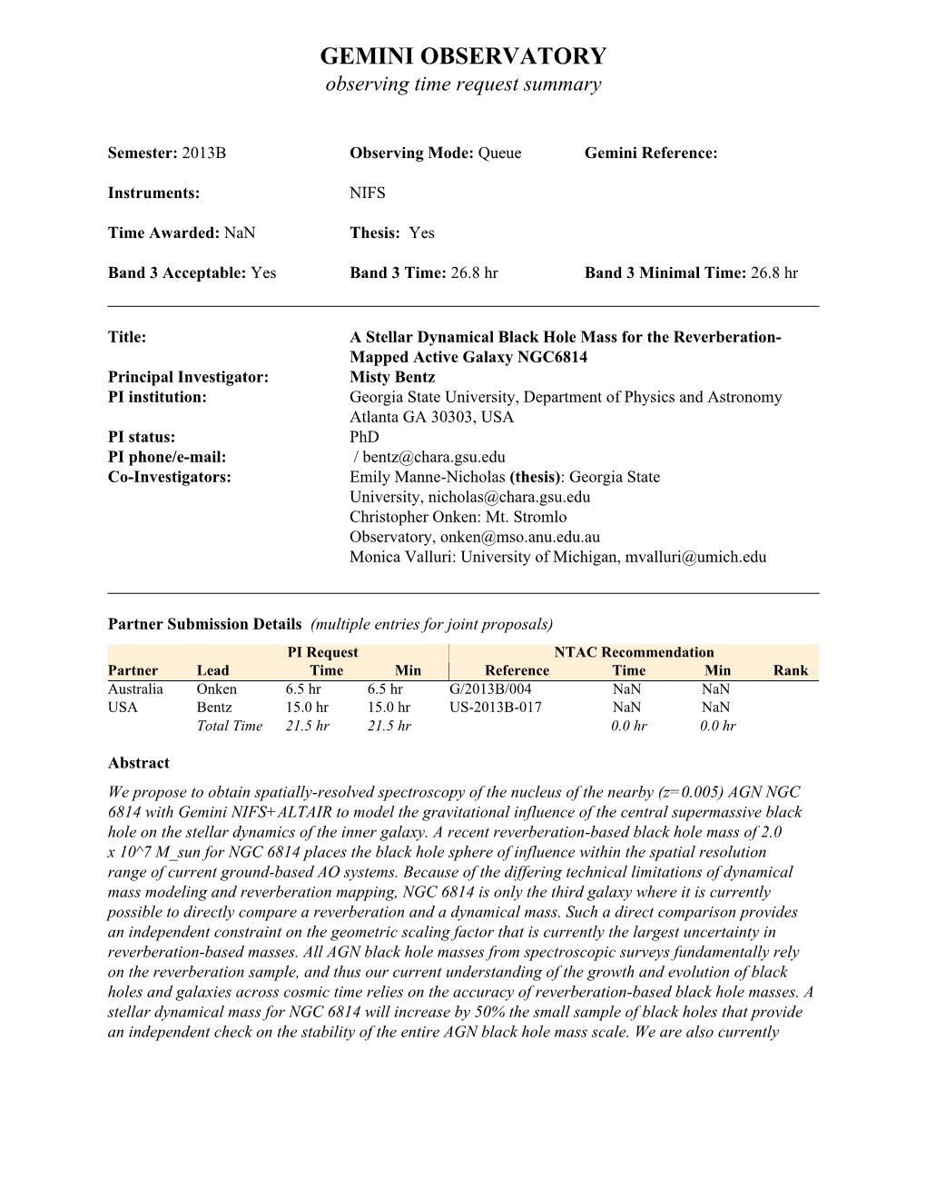 GEMINI OBSERVATORY Observing Time Request Summary