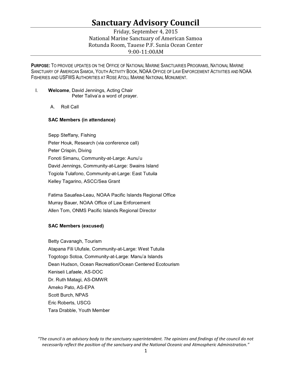 NMSAS Sanctuary Advisory Council Meeting Minutes