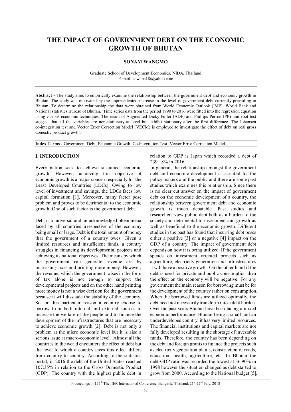 The Impact of Government Debt on the Economic Growth of Bhutan