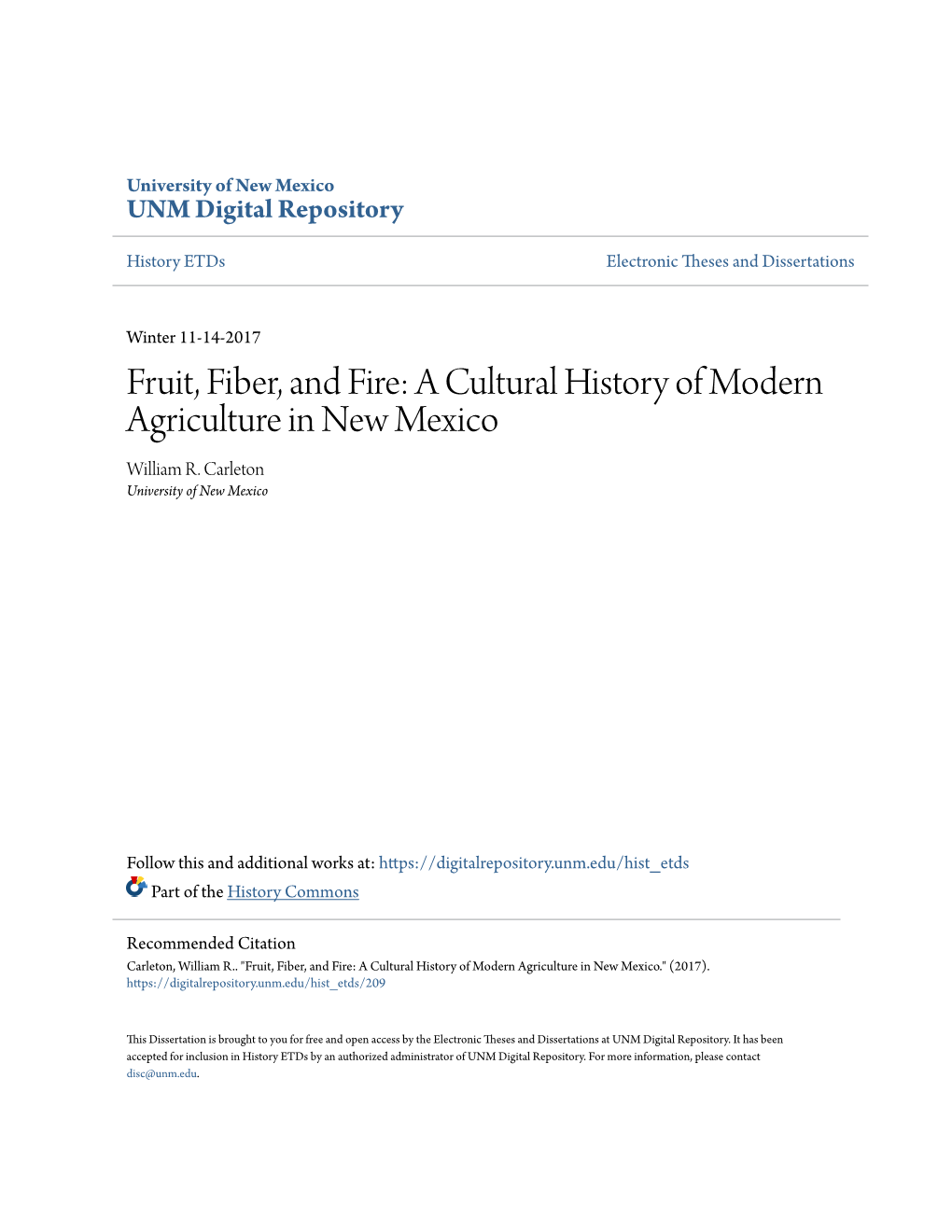 Fruit, Fiber, and Fire: a Cultural History of Modern Agriculture in New Mexico William R