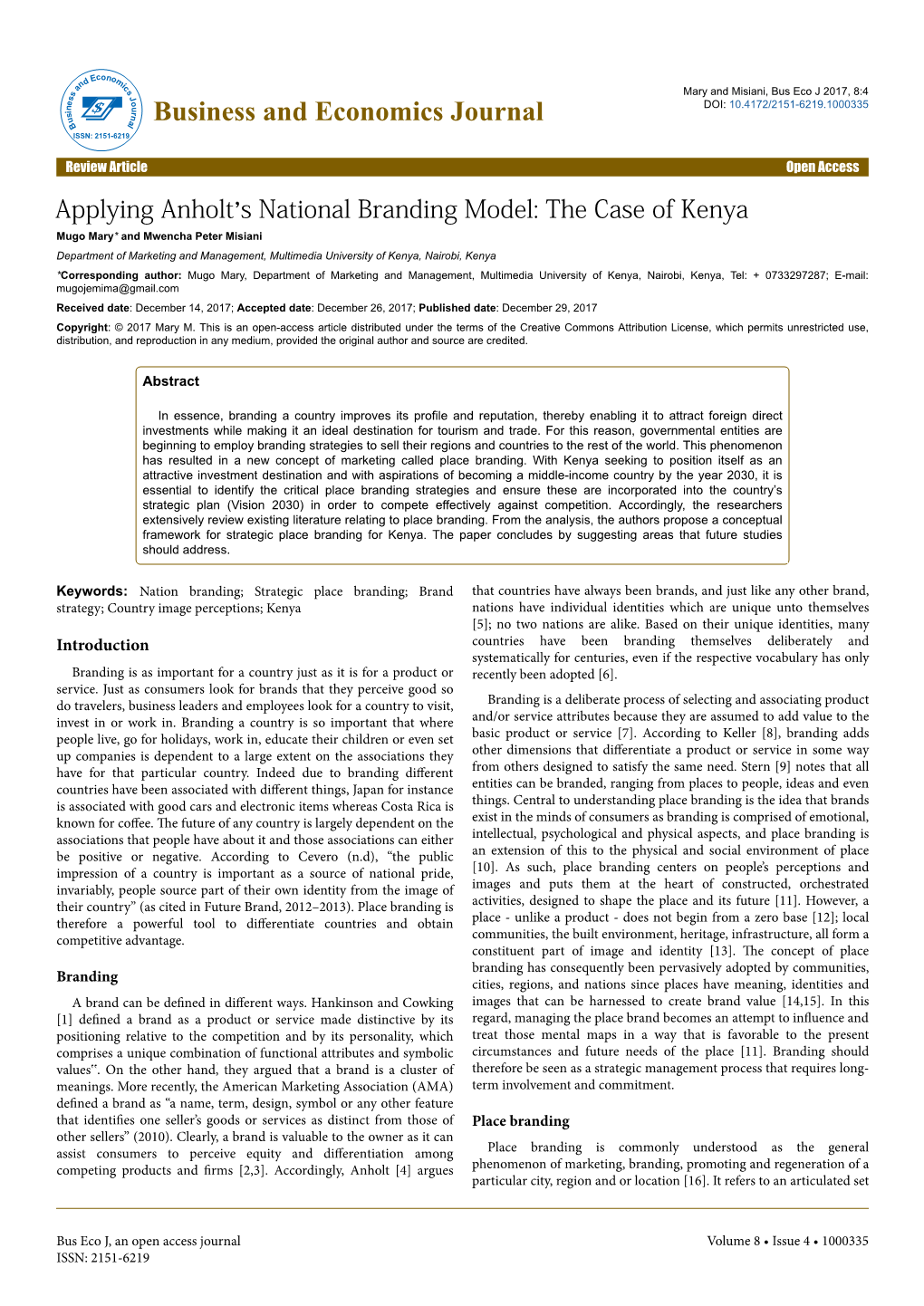 Applying Anholt's National Branding Model: the Case of Kenya