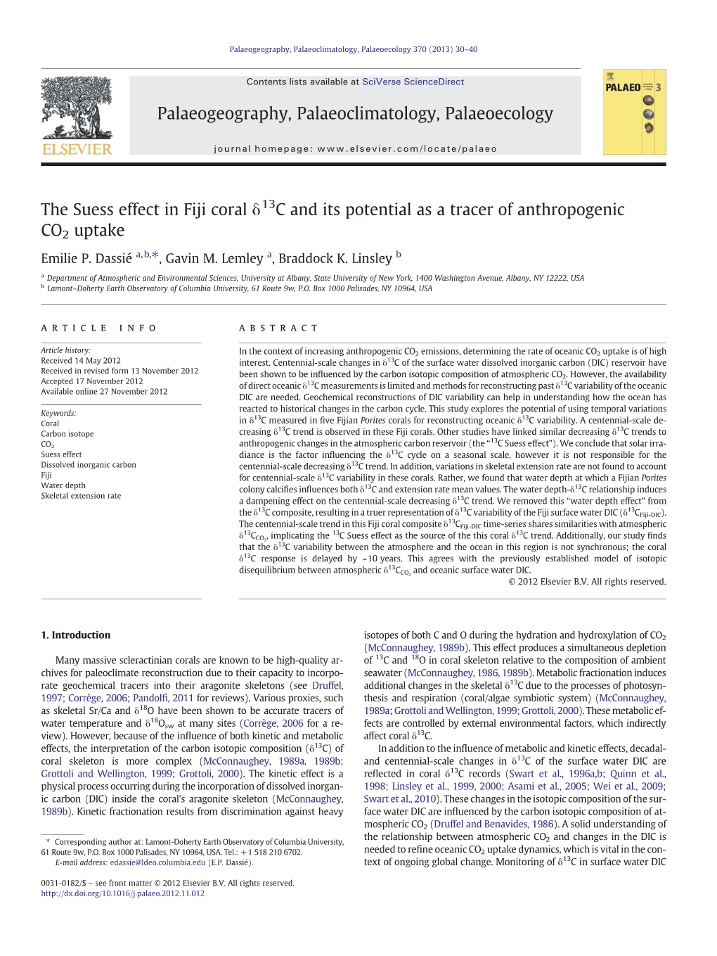 The Suess Effect in Fiji Coral Δ13c and Its Potential As a Tracer of Anthropogenic