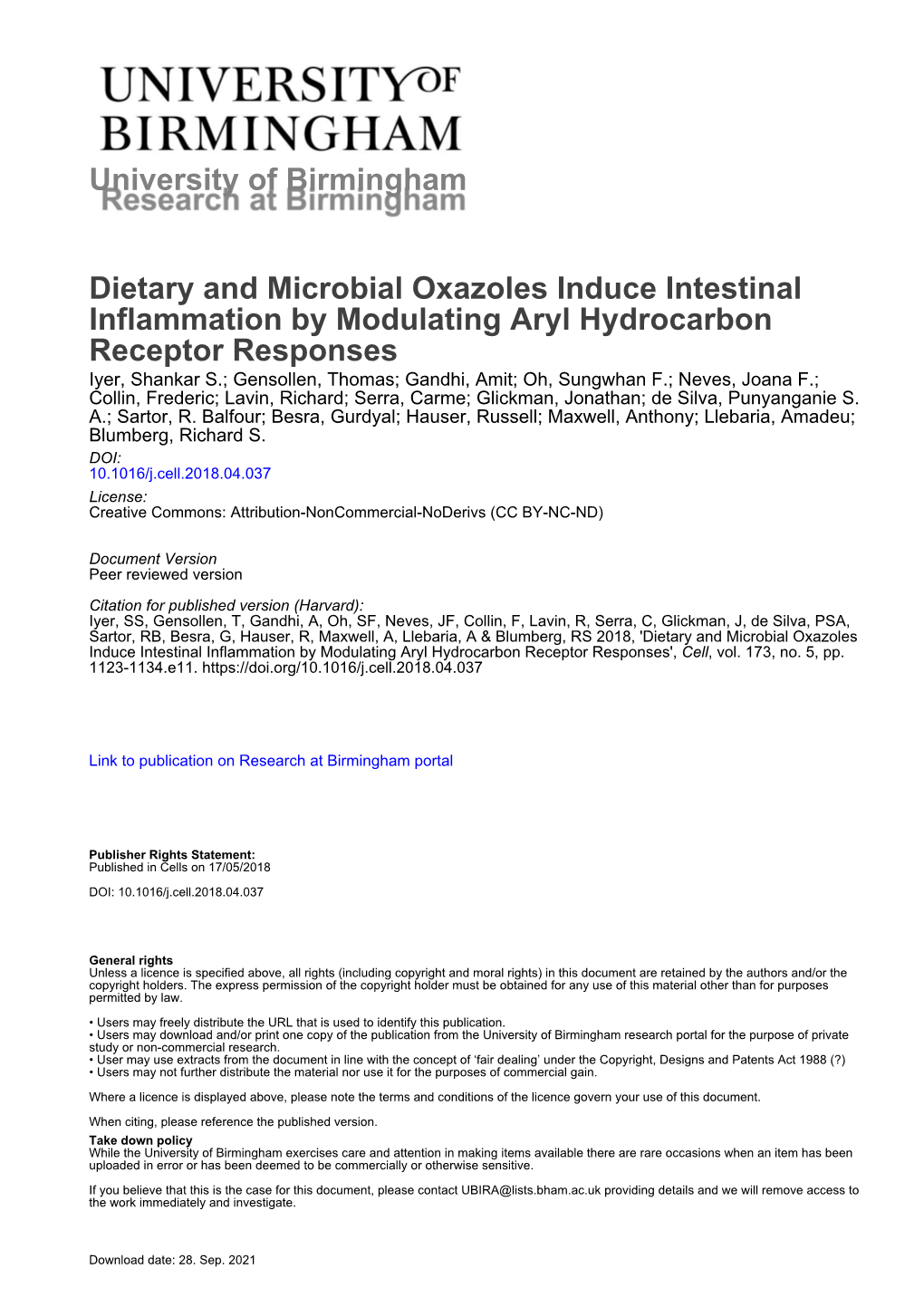 University of Birmingham Dietary and Microbial Oxazoles Induce Intestinal Inflammation by Modulating Aryl Hydrocarbon Receptor R