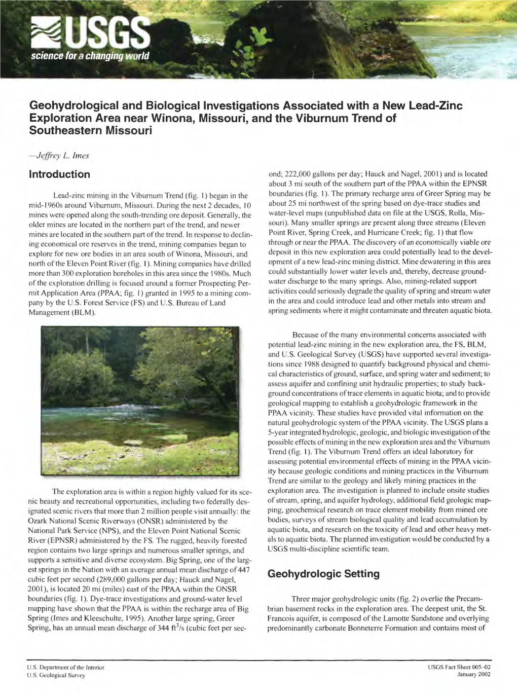 Geohydrological and Biological Investigations Associated with a New Lead-Zinc Exploration Area Near Winona, Missouri, and the Viburnum Trend of Southeastern Missouri