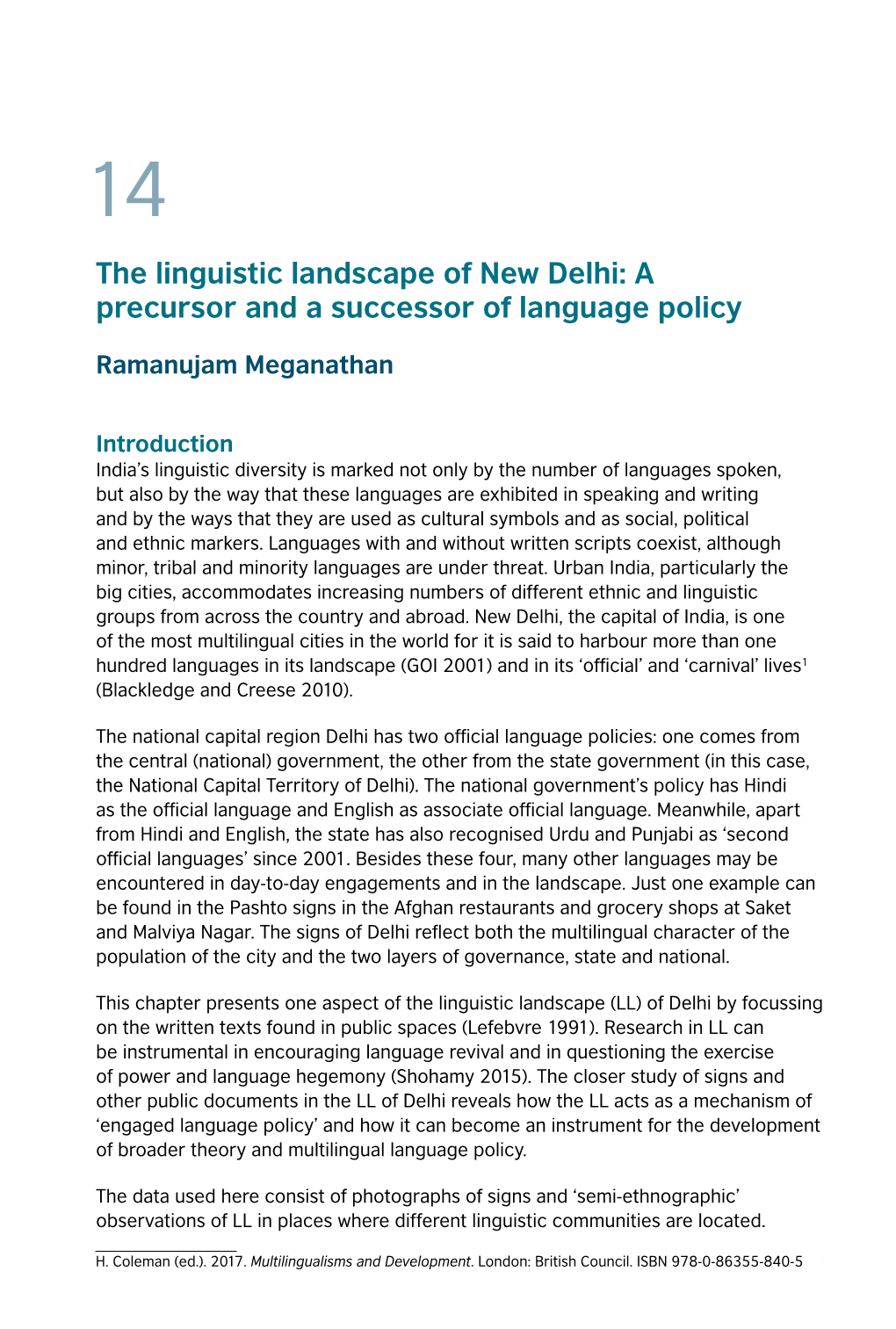 The Linguistic Landscape of New Delhi: a Precursor and a Successor of Language Policy