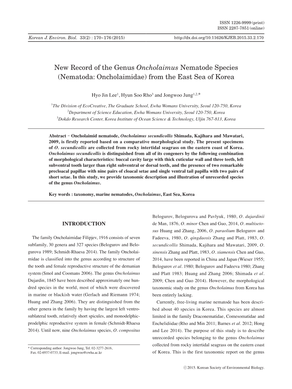 New Record of the Genus Oncholaimus Nematode Species (Nematoda: Oncholaimidae) from the East Sea of Korea