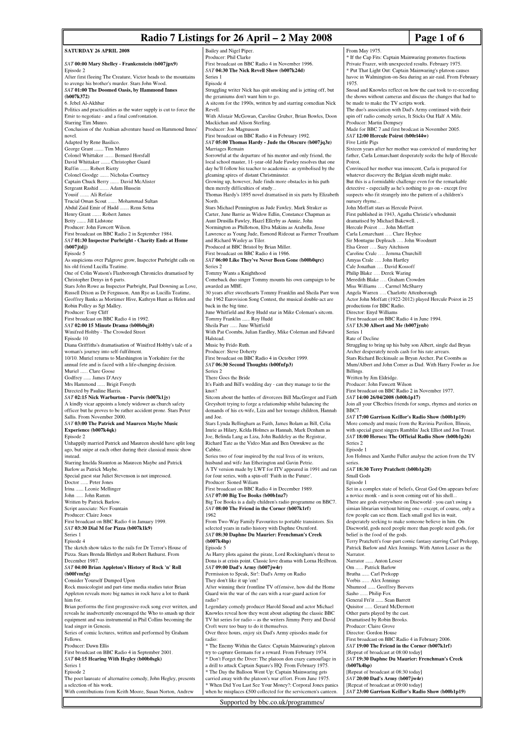 Radio 7 Listings for 26 April – 2 May 2008 Page 1 of 6 SATURDAY 26 APRIL 2008 Bailey and Nigel Piper