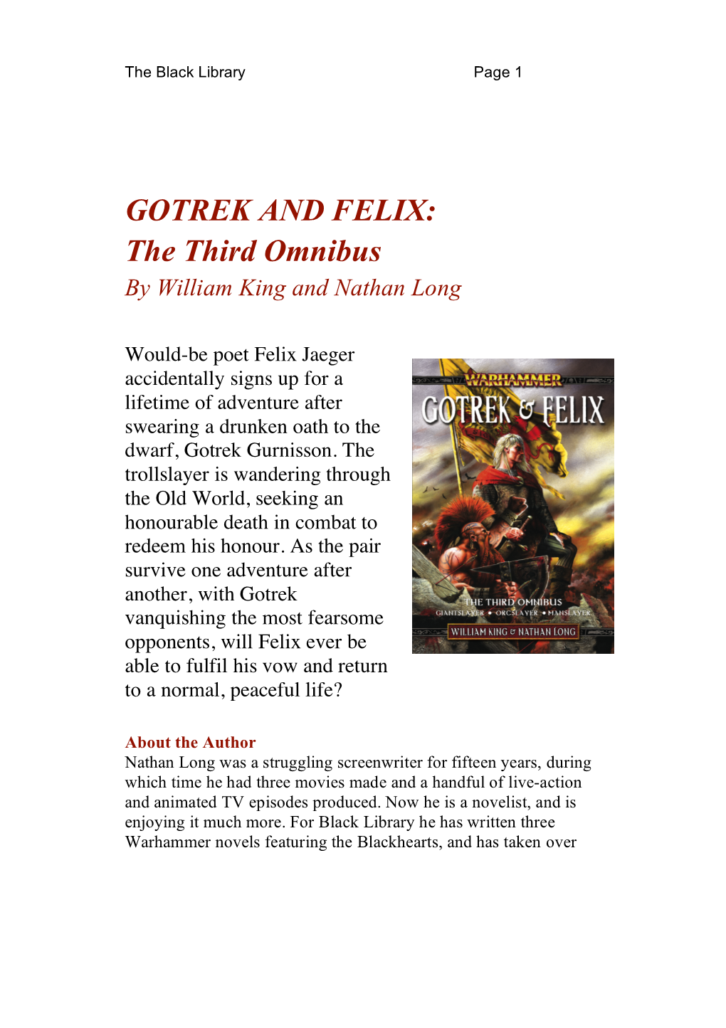 GOTREK and FELIX: the Third Omnibus by William King and Nathan Long