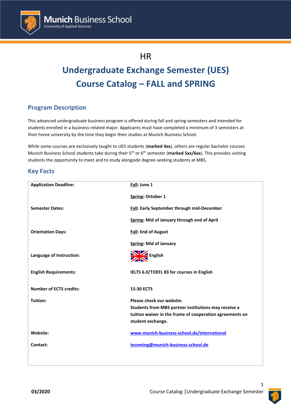 HR Undergraduate Exchange Semester (UES) Course Catalog – FALL and SPRING