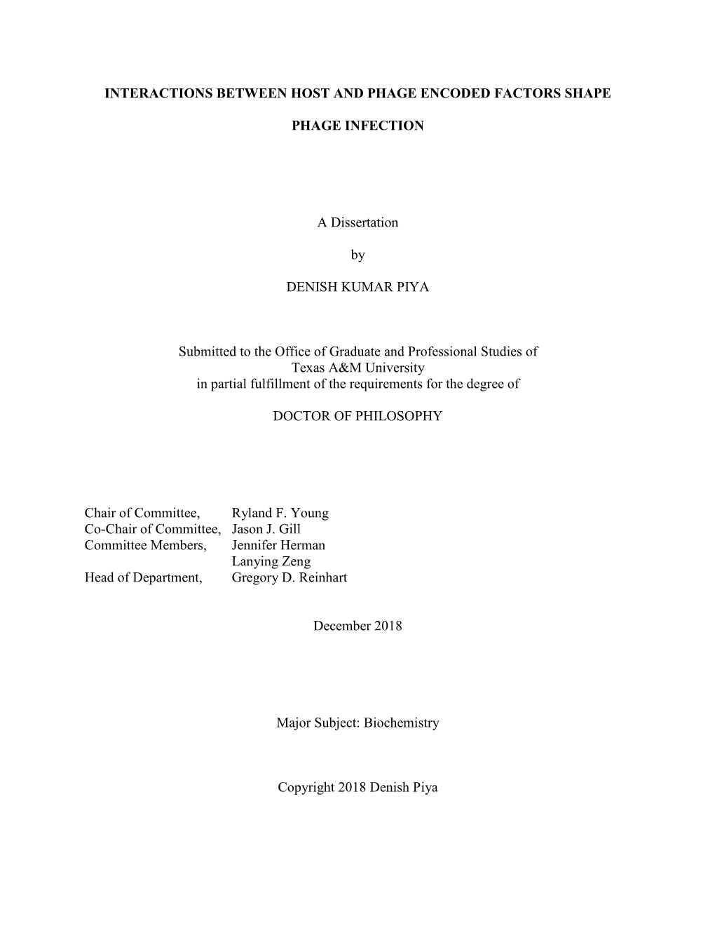 INTERACTIONS BETWEEN HOST and PHAGE ENCODED FACTORS SHAPE PHAGE INFECTION a Dissertation by DENISH KUMAR PIYA Submitted To