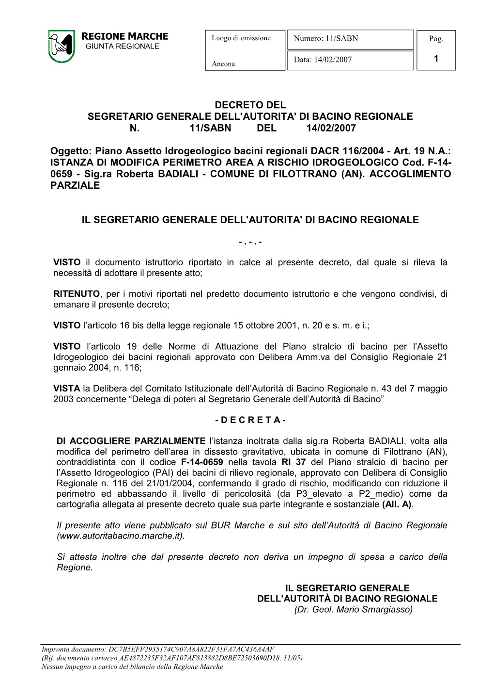 Decreto Del Segretario Generale Dell'autorita' Di Bacino Regionale N
