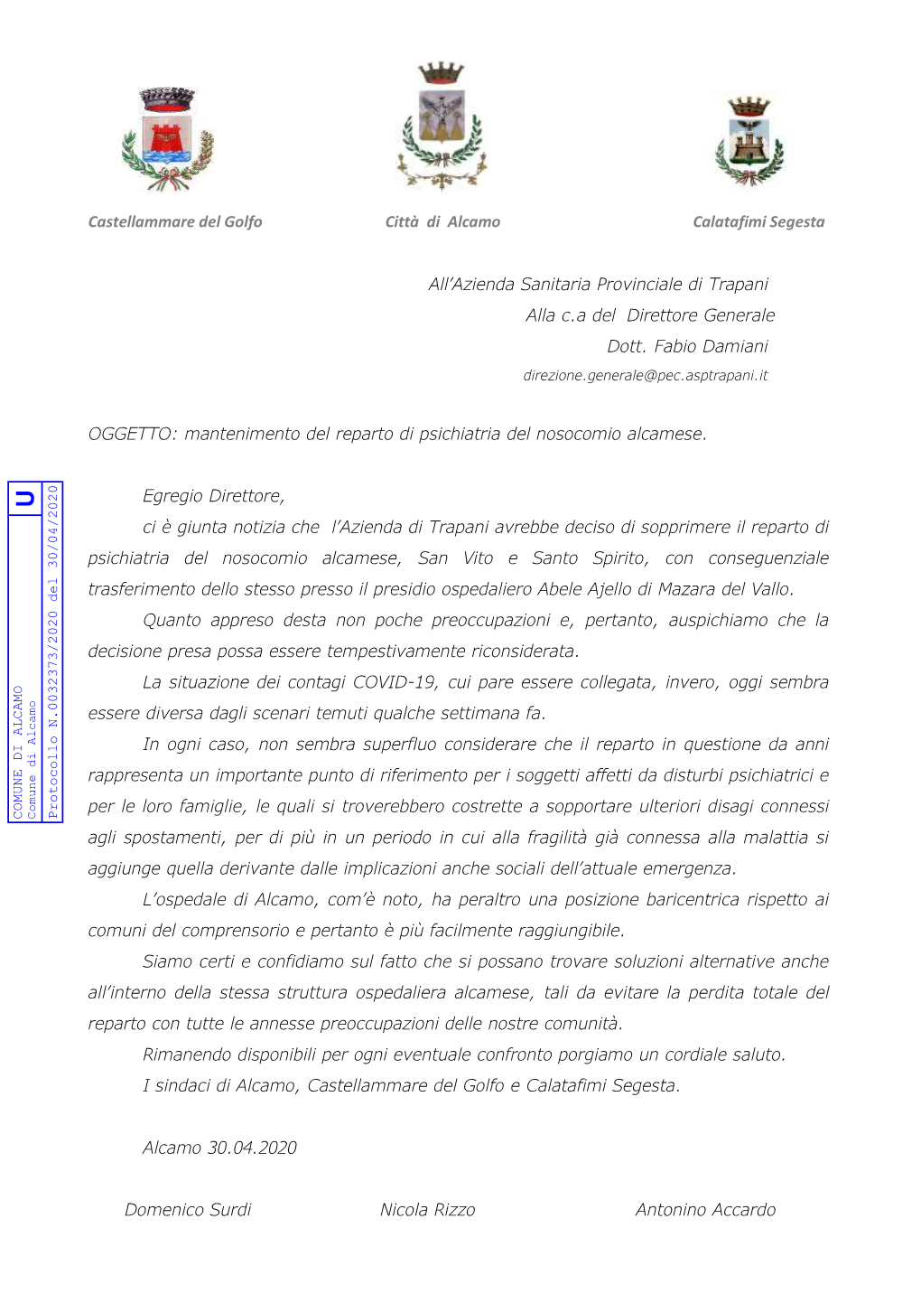 Castellammare Del Golfo Città Di Alcamo Calatafimi Segesta All'azienda Sanitaria Provinciale Di Trapani Alla C.A