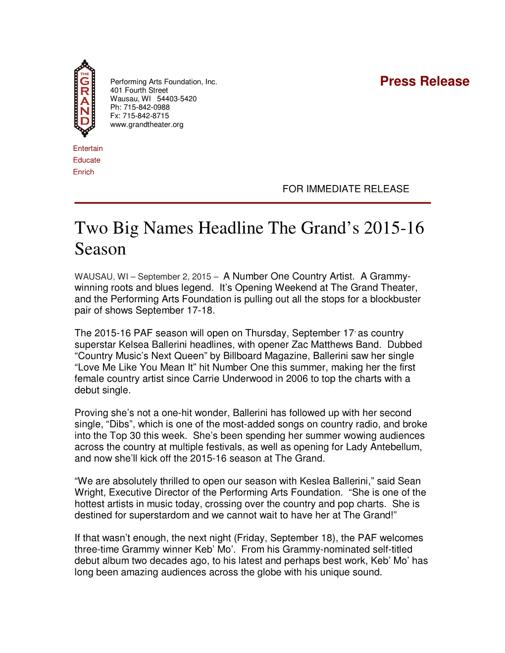 Two Big Names Headline the Grand's 2015-16 Season