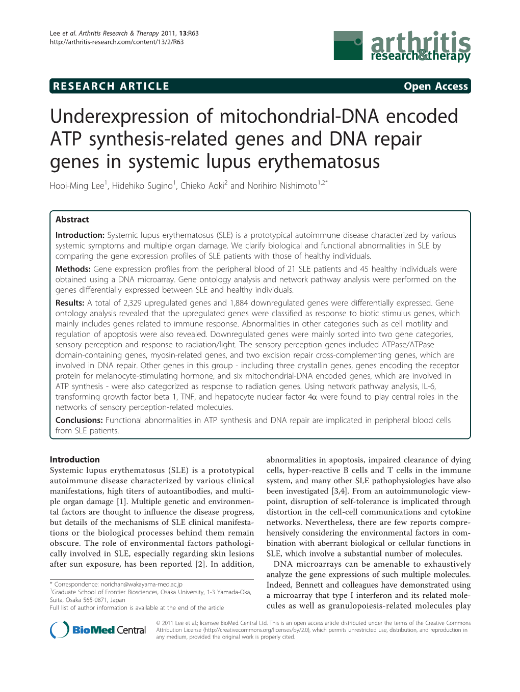 Underexpression of Mitochondrial-DNA Encoded ATP Synthesis-Related Genes and DNA Repair Genes in Systemic Lupus Erythematosus