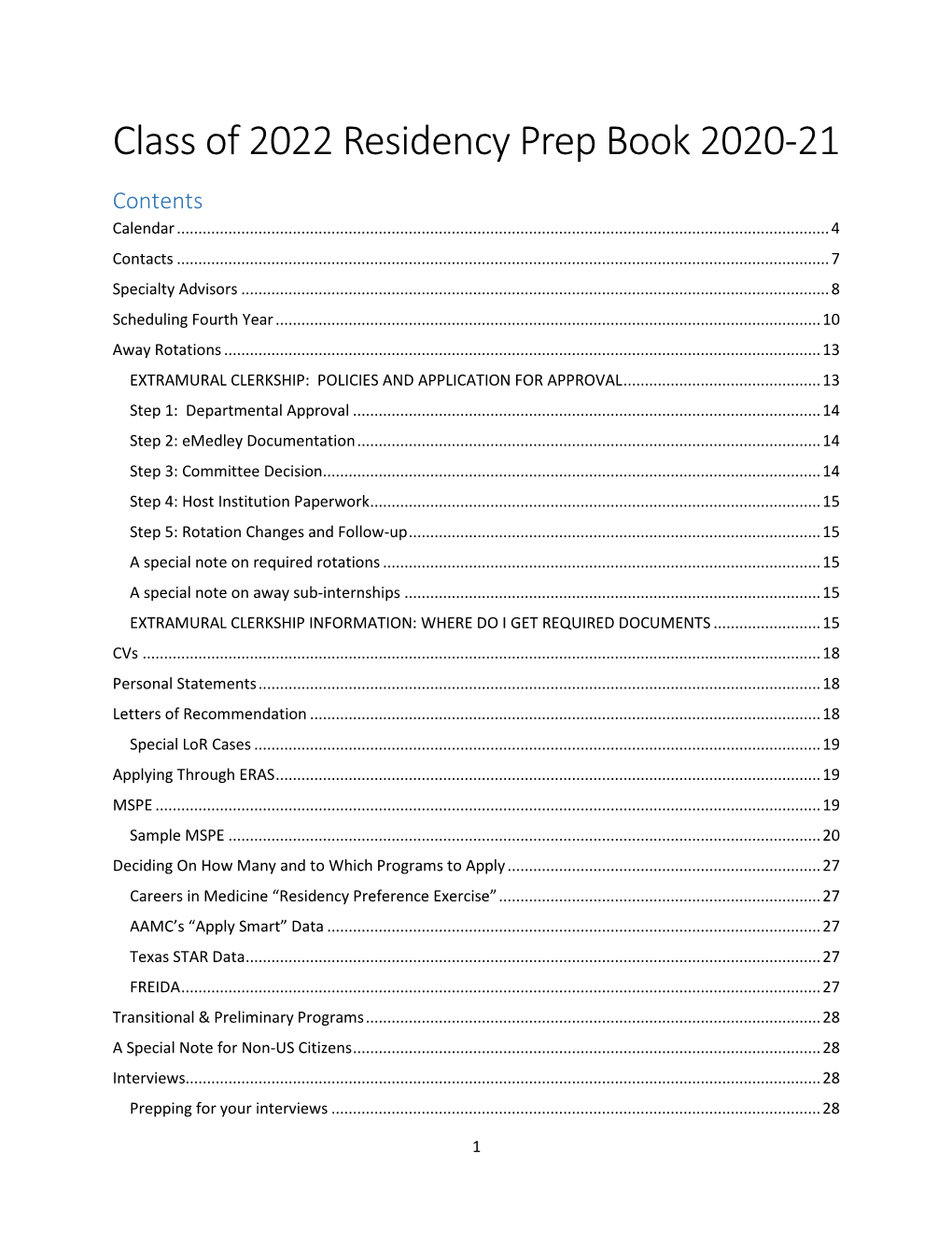 Class of 2022 Residency Prep Book 2020-21 Contents Calendar