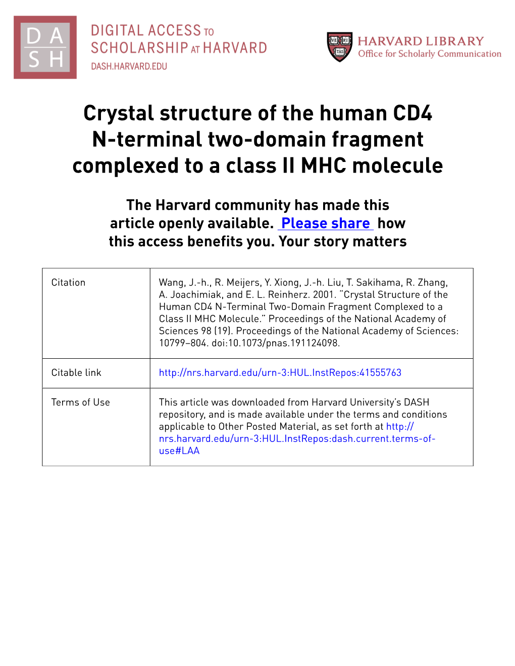 Crystal Structure of the Human CD4 N-Terminal Two-Domain Fragment Complexed to a Class II MHC Molecule