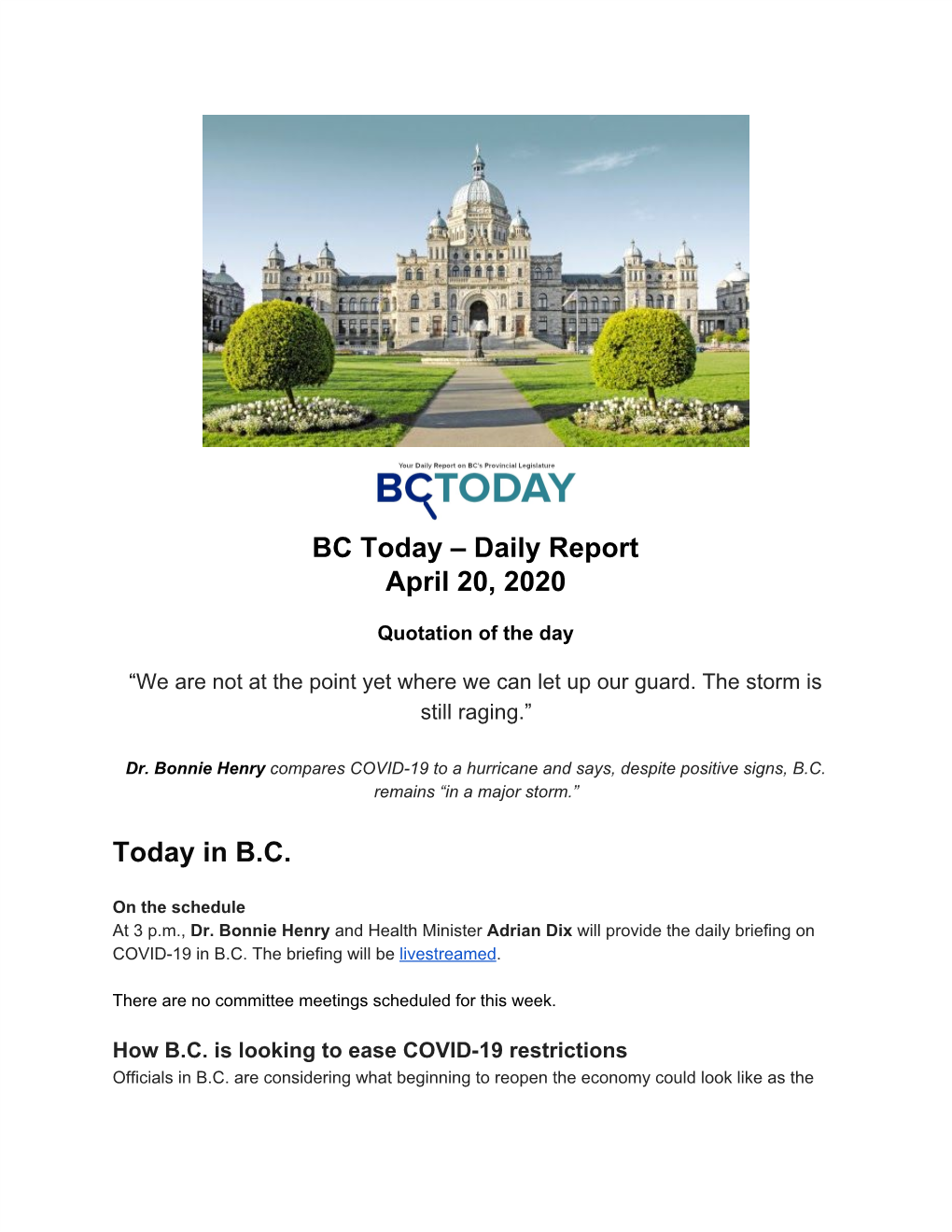 Daily Report April 20, 2020 Today in BC