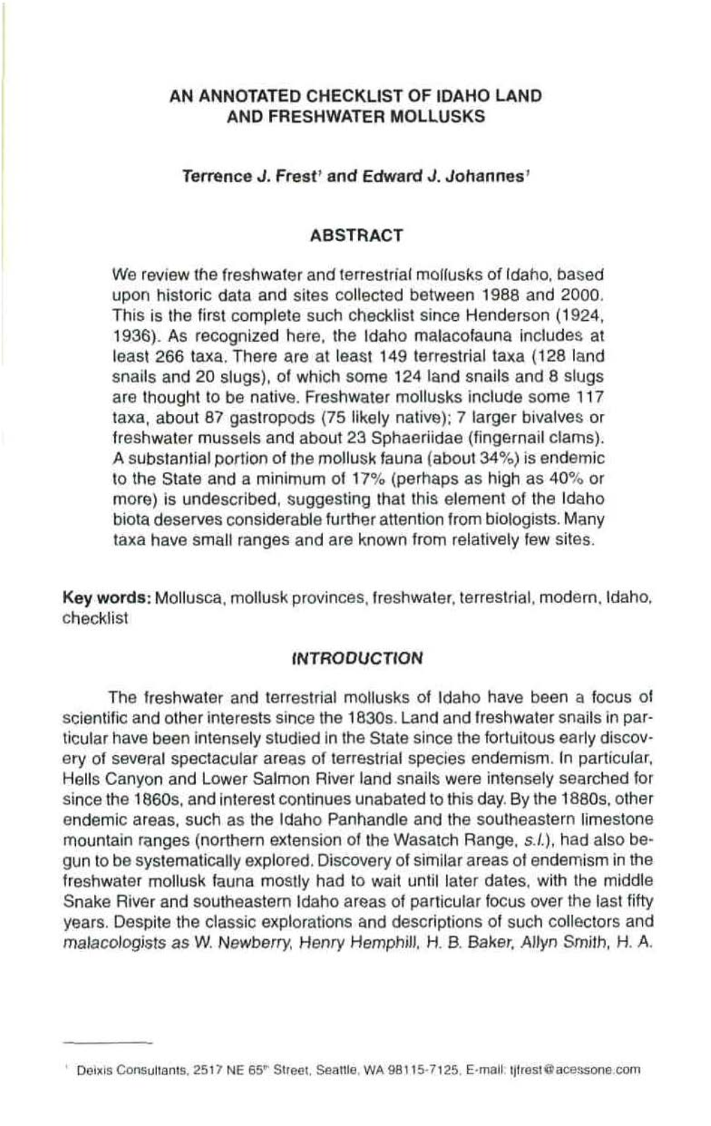 An Annotated Checklist of Idaho Land and Freshwater Mollusks