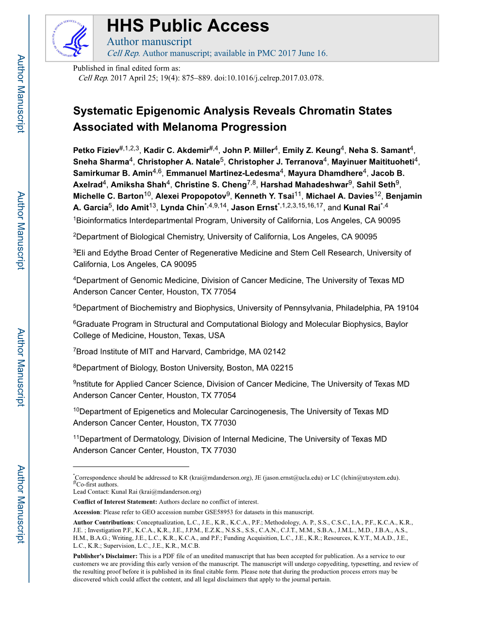 Systematic Epigenomic Analysis Reveals Chromatin States Associated with Melanoma Progression