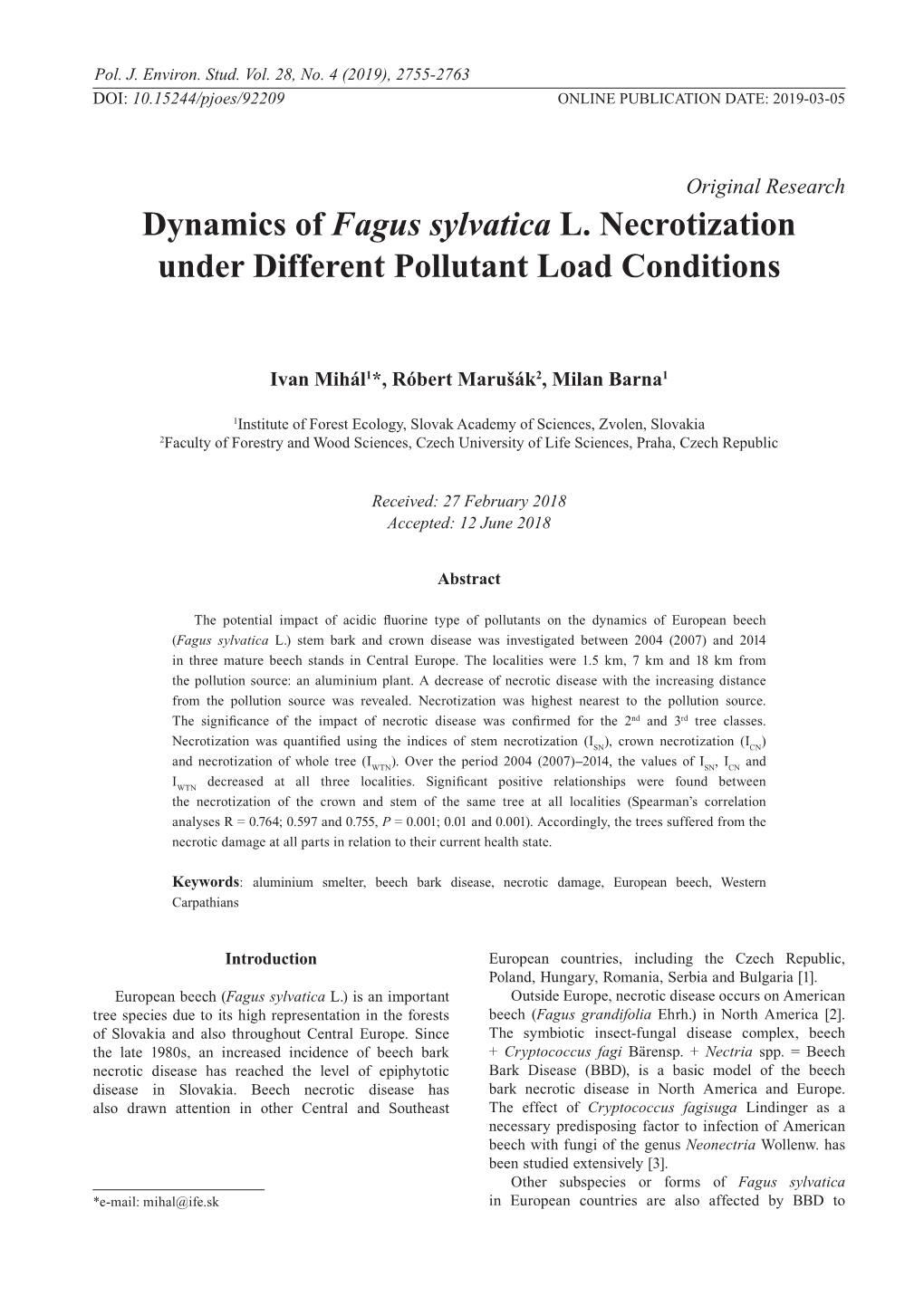 Dynamics of Fagus Sylvatica L. Necrotization Under Different Pollutant Load Conditions