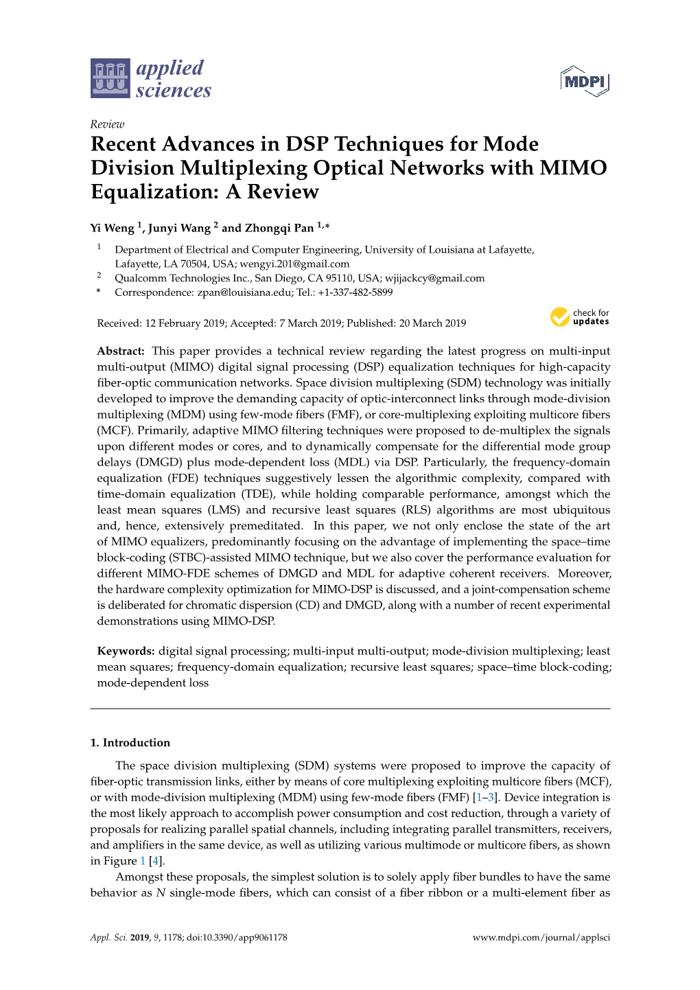 Recent Advances in DSP Techniques for Mode Division Multiplexing Optical Networks with MIMO Equalization: a Review