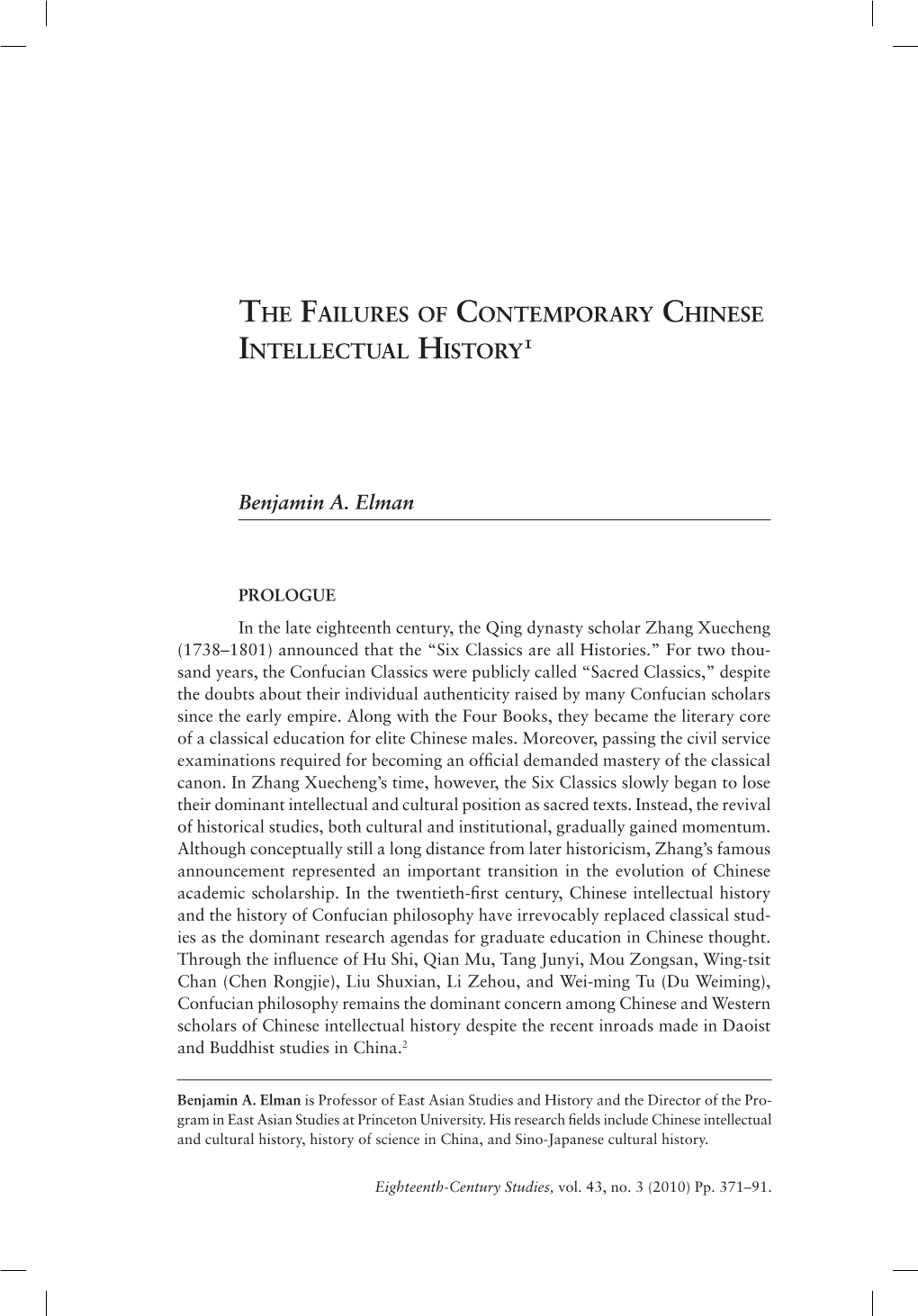 Failures of Contemporary Chinese Intellectual History