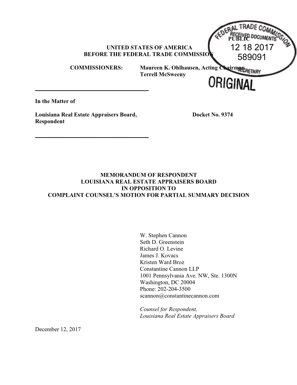 Memorandum of Respondent Louisiana Real Estate Appraisers Board in Opposition to Complaint Counsel’S Motion for Partial Summary Decision