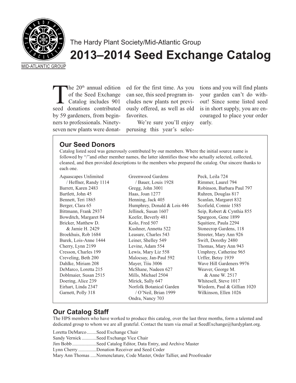 2013–2014 Seed Exchange Catalog MID-ATLANTIC GROUP