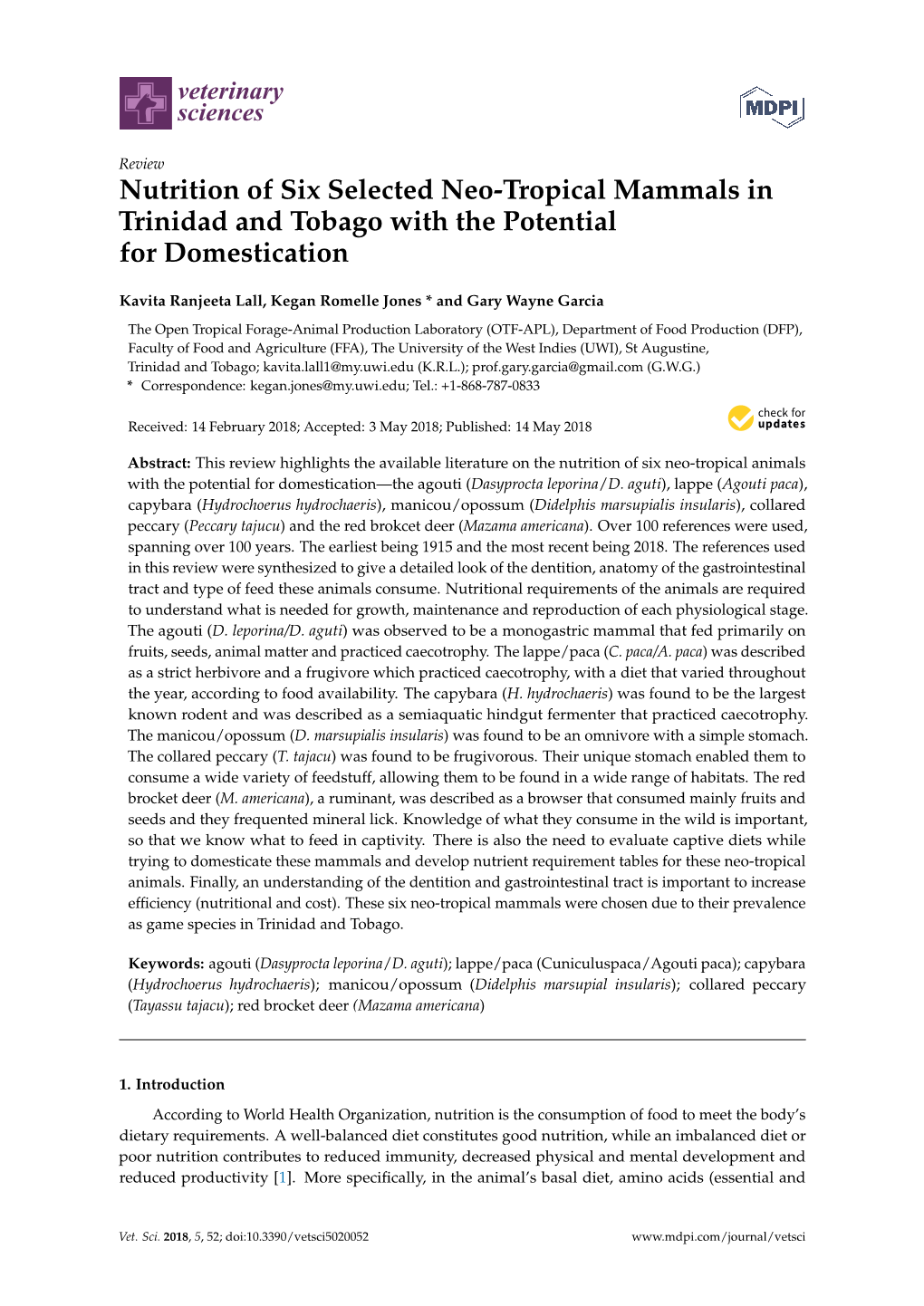 Nutrition of Six Selected Neo-Tropical Mammals in Trinidad and Tobago with the Potential for Domestication